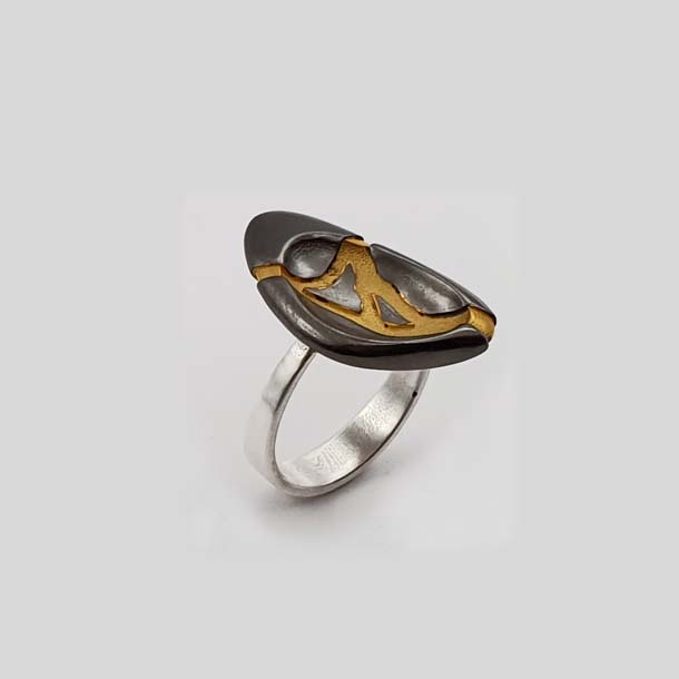 Sterling Silver hollow form pebble ring, Kintsugi "The Beauty of Imperfection"