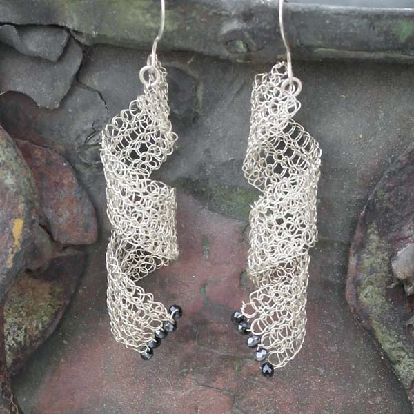 Pure Silver Wire Crochet Ribbon Earrings