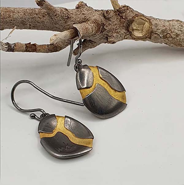 Sterling Silver drop pebble earrings, Kintsugi "The Beauty of Imperfection"