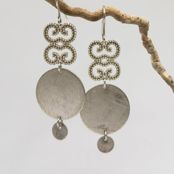 Sterling Silver chain dangle  earrings with heart scroll charm and disc